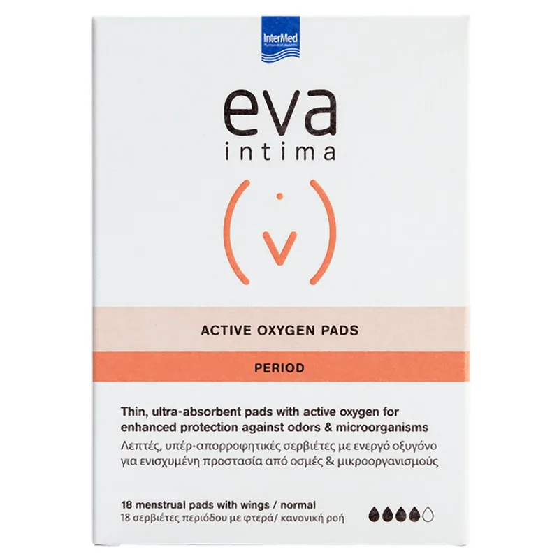 Eva Intima Period Active Oxygen Pads Λεπτές Υπεραπορροφητικές Σερβιέτες με Ενισχυμένη Προστασία απο Οσμές & Μικρόβια 18 Τεμάχια