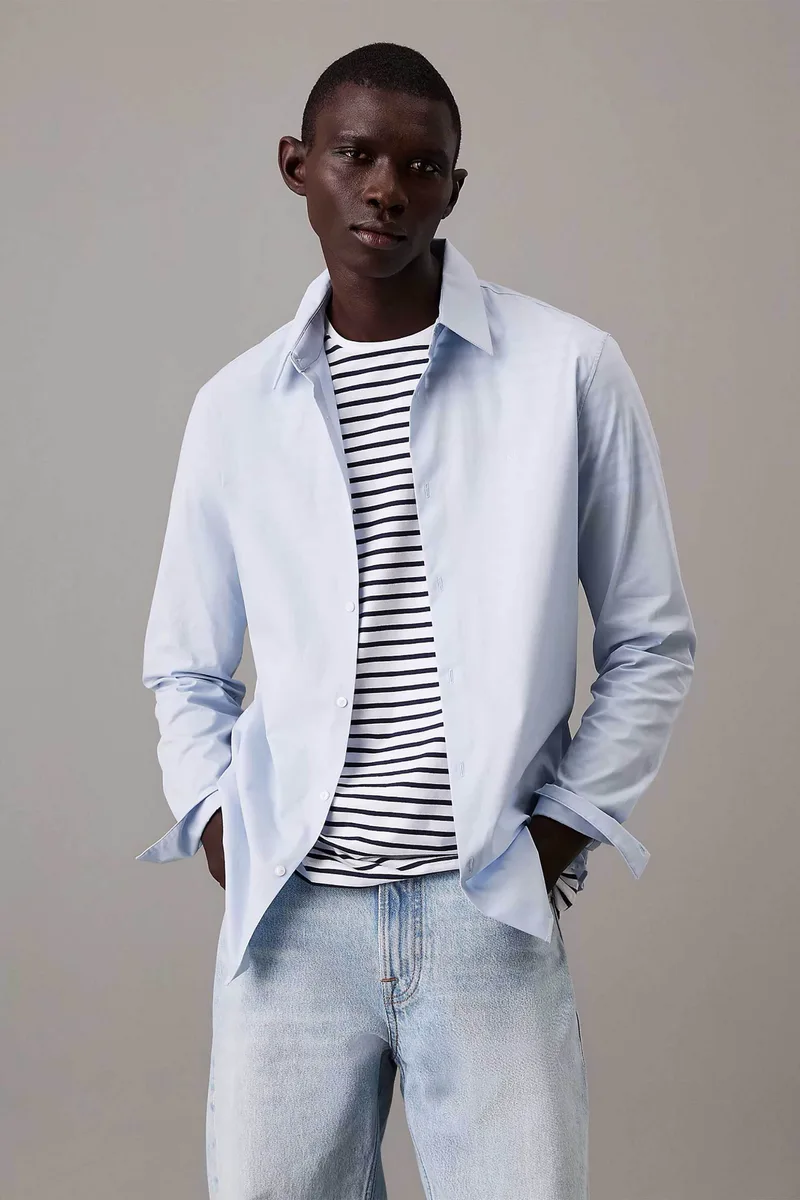 Calvin Klein ανδρικό πουκάμισο μονόχρωμο με κεντημένο monogram Slim Fit - LV04LB145G Σιελ