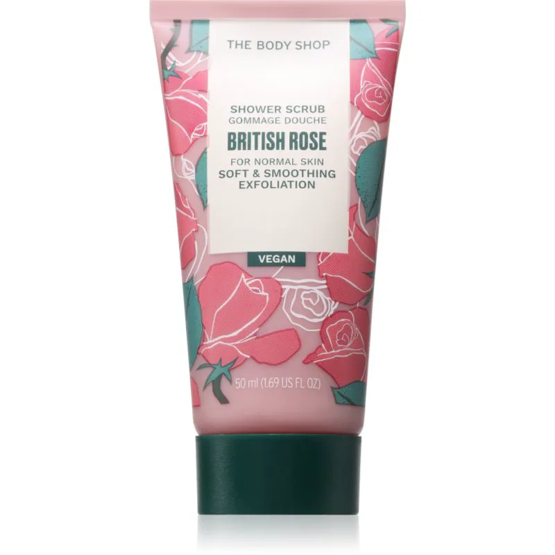 The Body Shop British Rose Shower Scrub απαλό Scrub σώματος με την μυρωδιά των τριαντάφυλλων 50 ml