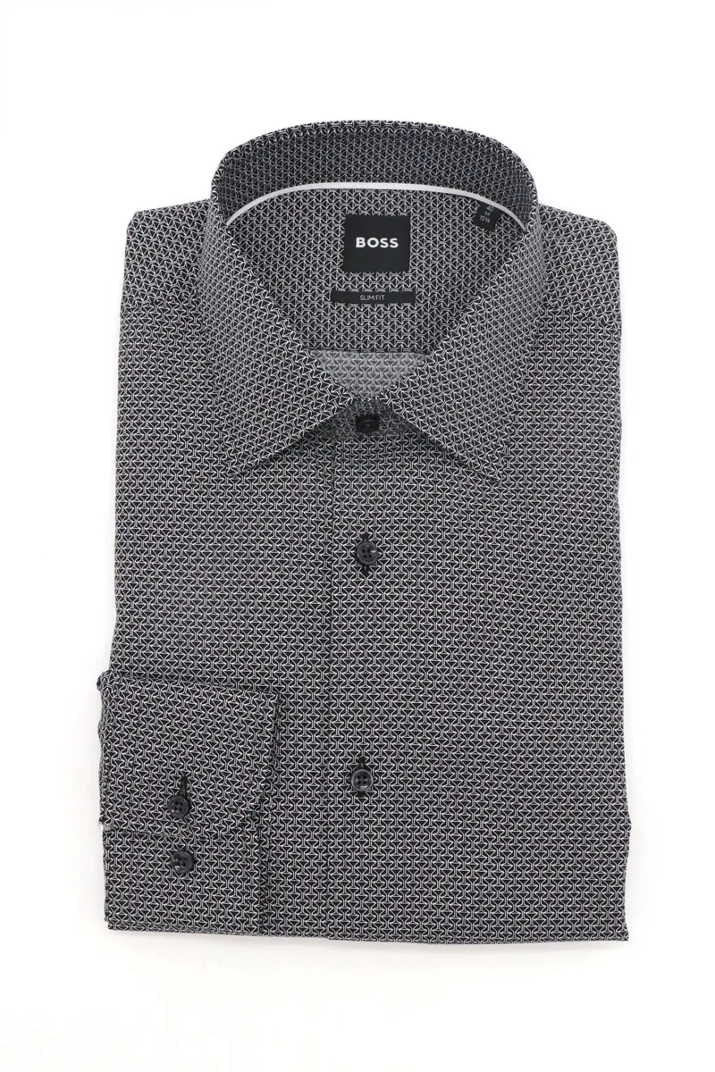 BOSS ΠΟΥΚΑΜΙΣΟ ΜΙΚΡΟΣΧΕΔΙΟ SLIM FIT H-HANK-KENT-C1-214 ΜΑΥΡΟ