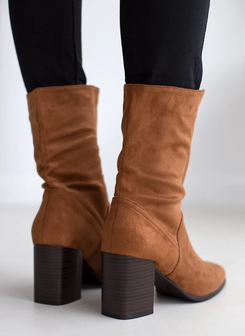 Suede Heeled Ankle Boots - 9725 - Tan