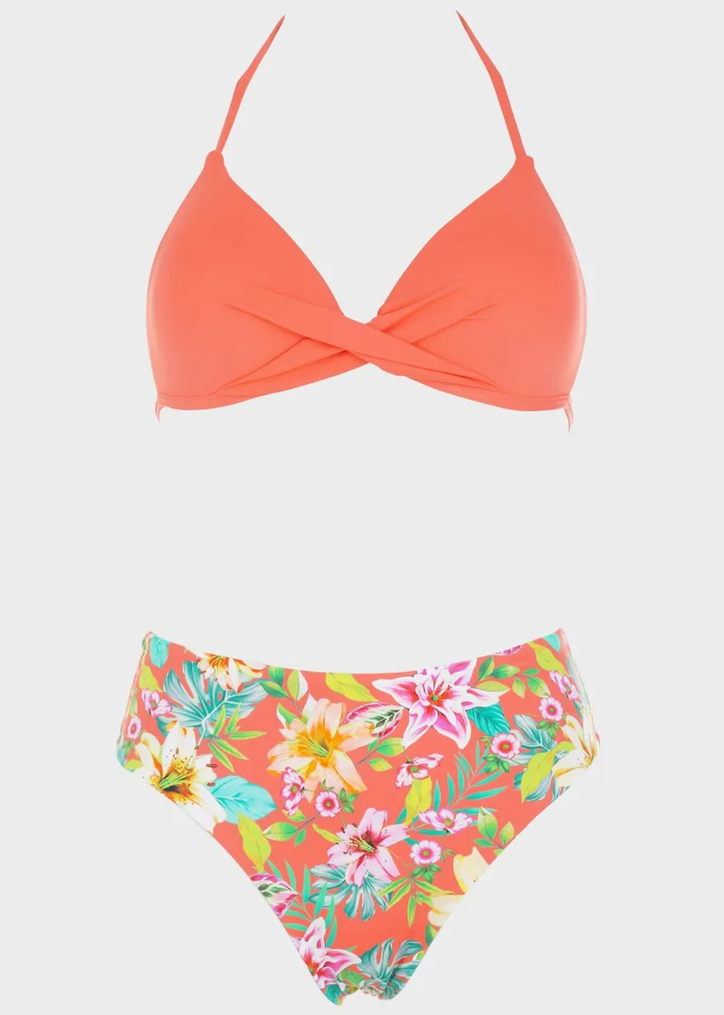 Σετ μπικίνι slip floral ψηλόμεσο.Καλύπτει C Cup ΚΟΡΑΛΙ