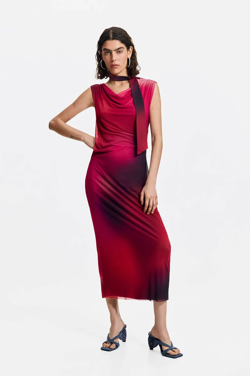 Desigual γυναικείο midi αμάνικο φόρεμα ντεγκραντέ Slim Fit "Maine" - 26SWVK19 Ροζ