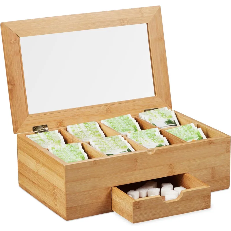 Κουτί για Τσάι Relaxdays Bamboo Tea Box with Drawer Αποθήκευσης από Μπαμπού 8 Θέσεων 11 x 33 x 20 cm - Natural Brown (10027481)