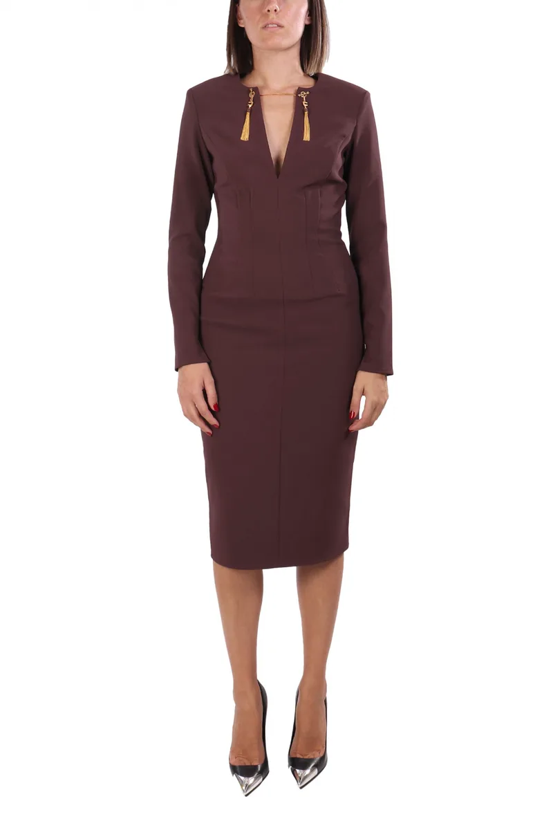 ELISABETTA FRANCHI ΦΟΡΕΜΑ MIDI ΜΕΣΑΤΟ V-NECK ΧΡΥΣΗ ΛΕΠΤΟΜΕΡΕΙΑ ΛΑΙΜΟΥ ΒΟΥΡΓΟΥΝΔΙ