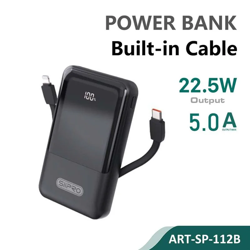 Siipro Built-in Cable PowerBank 10000mAh 22.5W Black (SP-112B)
