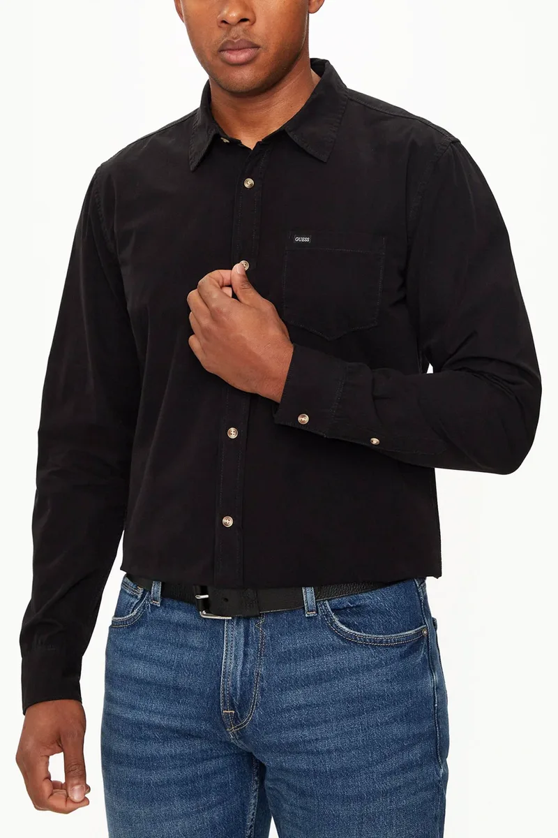 GUESS JEANS ΠΟΥΚΑΜΙΣΟ SLIM FIT LOGO ΜΑΥΡΟ