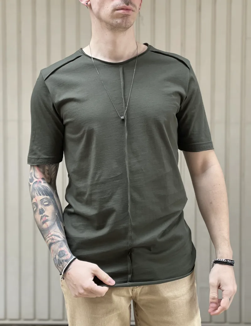 NDC ανδρικό χακί ασύμμετρο T-shirt με ραφή 232917K