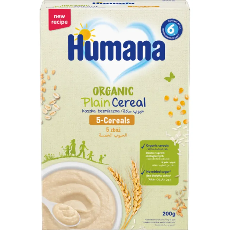 Humana Organic Plain 5 Cereals Βιολογική Κρέμα με 5 Δημητριακά Ολικής Άλεσης Χωρίς Γάλα & Προσθήκη Ζάχαρης από τον 6ο Μήνα 200g