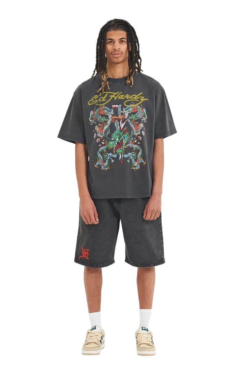 Ed Hardy Battle Of The Dragons Ανδρικό T-Shirt - Γκρι-ED3925-GREY