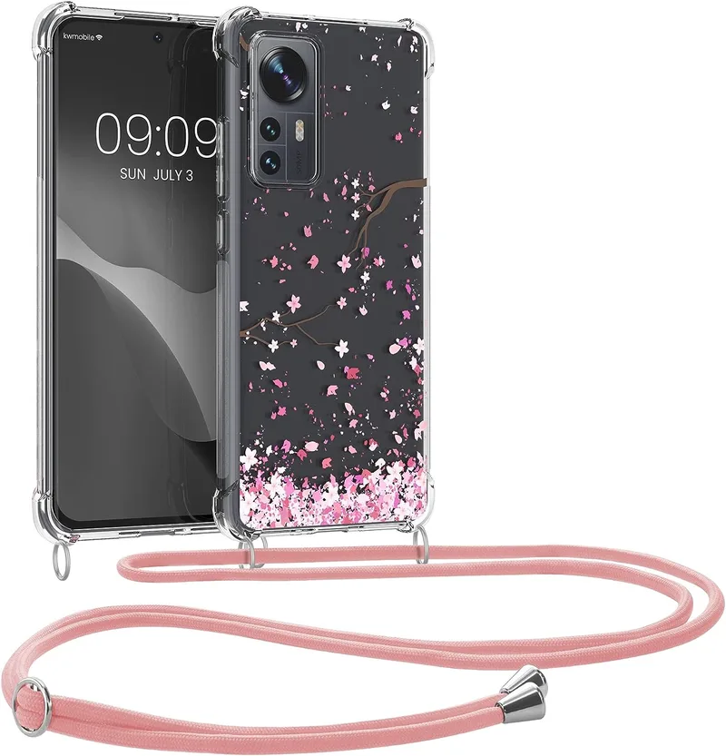 KWmobile Διάφανη Θήκη Σιλικόνης με Λουράκι Λαιμού - Xiaomi 12 / 12X - Cherry Blossoms / Cherry Petals / Ροζ / Dark Brown / Transparent (58199.01)