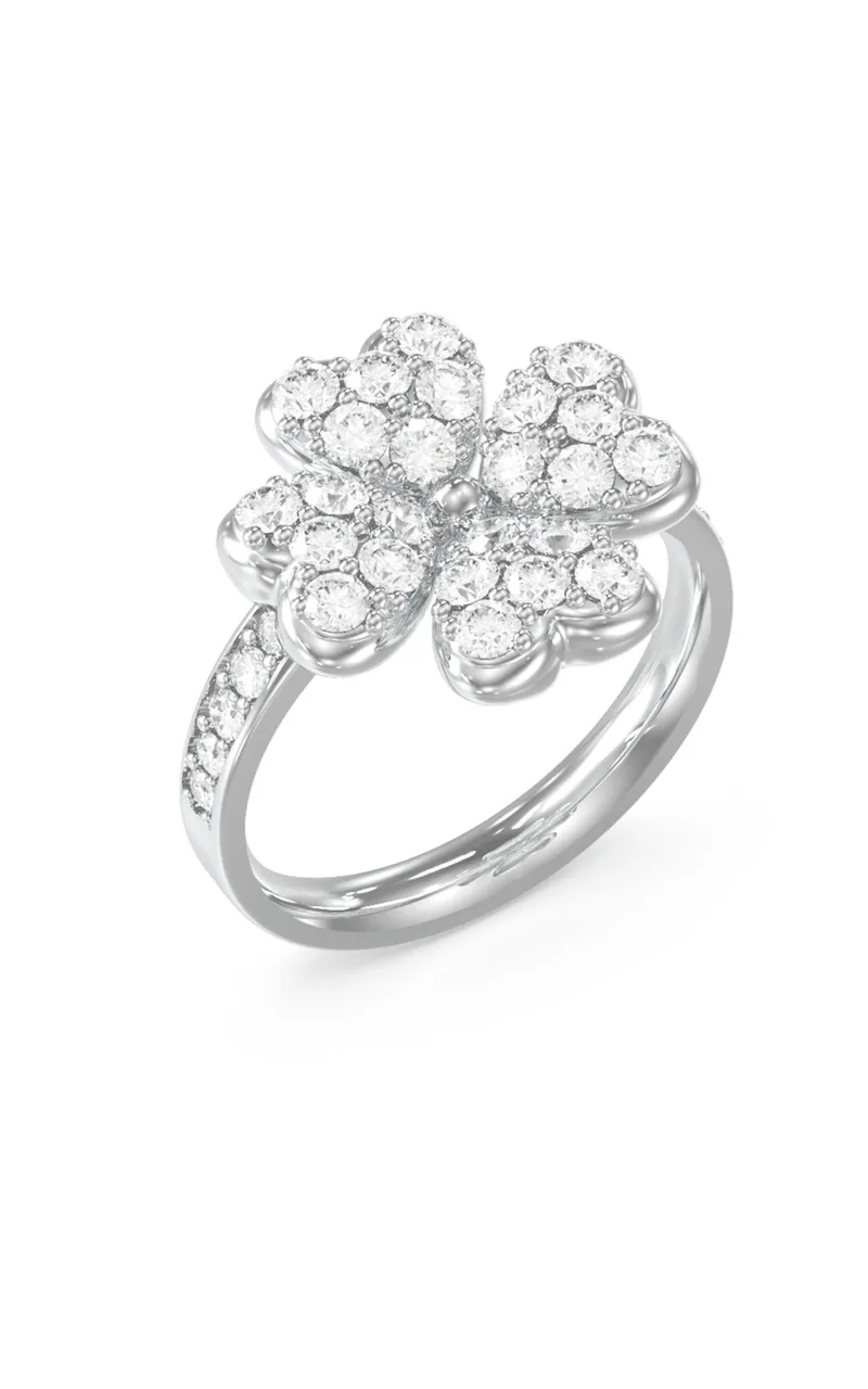 GUESS STEEL LOVE BITES JUBR06046JWRH-No.56 Δαχτυλίδι Ασημένιο Με Τυχερό Τετράφυλλο Με Πέτρες