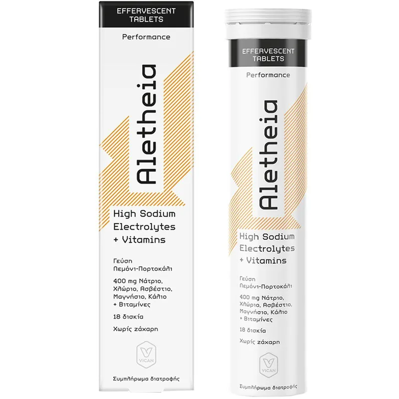 Vican Aletheia High Sodium Electrolytes + Vitamins Συμπλήρωμα Διατροφής Ηλεκτρολυτών & Βιταμινών για Ενυδάτωση, Ενέργεια & Αναπλήρωση Θρεπτικών Συστατικών με Γεύση Λεμόνι - Πορτοκάλι 18 Effer.tabs