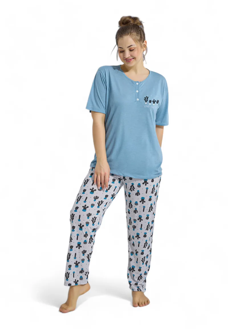 Πιτζάμα γυναικεία με μακρύ παντελόνι Plus Size PijaMood Cactus Blue PJMD40004-Γαλάζιο