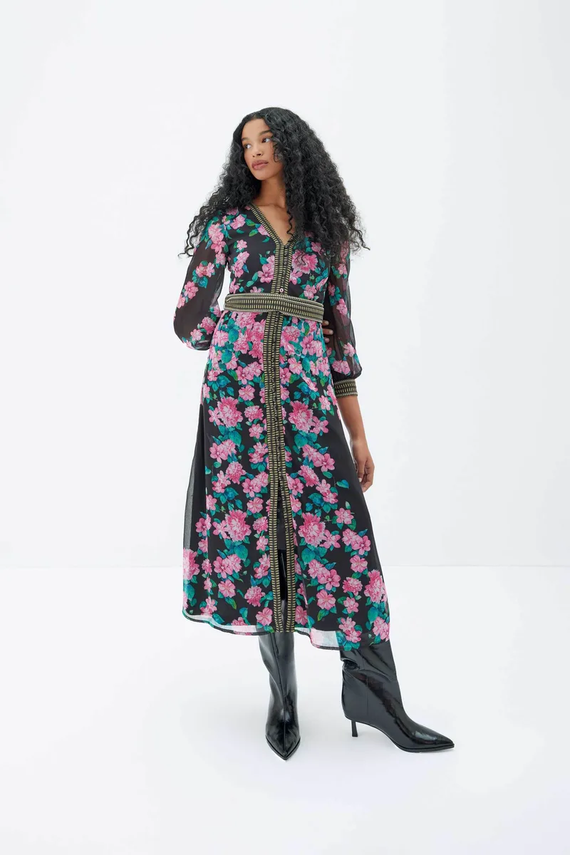 Raishma γυναικείο φόρεμα midi με floral print "Athena" - RS2320BK Μαύρο