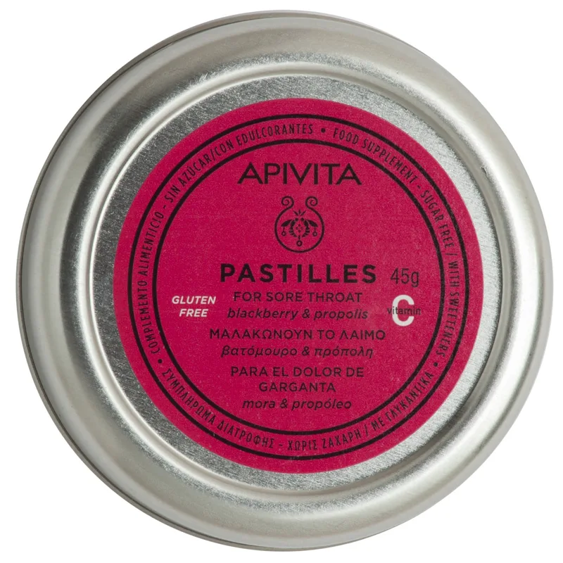 Apivita Pastilles for Sore Throat Blackberry & Propolis Συμπλήρωμα Διατροφής με Εκχύλισμα Βατόμουρο, Πρόπολη & Βιταμίνη C που Μαλακώνει το Λαιμό & Ανακουφίζει από το Βήχα με Γεύση Βατόμουρο 45g