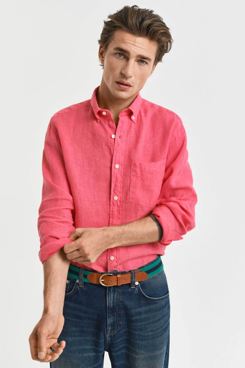 Gant ανδρικό λινό πουκάμισο button down με τσέπη και κεντημένο λογότυπο Regular Fit - 3240120 Κοραλί