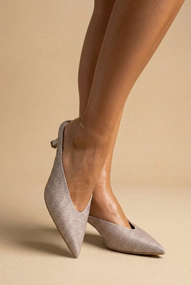 TFP V Cut Kitten Heel Mules - 344 - Nude Lurex