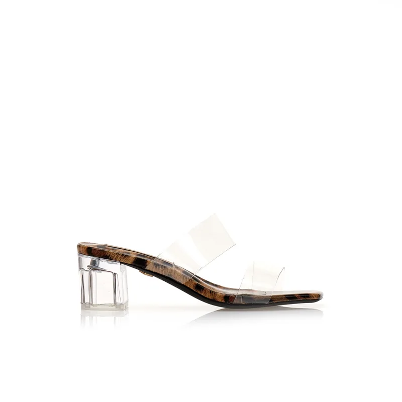 Mules TSOUKALAS animal print δερματίνη με διάφανη φάσα και τακούνι ΛΕΟΠΑΡ