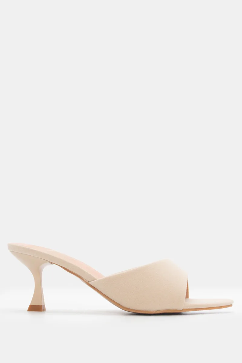 Mules Kitten Heel με Φαρδιά Φάσα - Μπεζ
