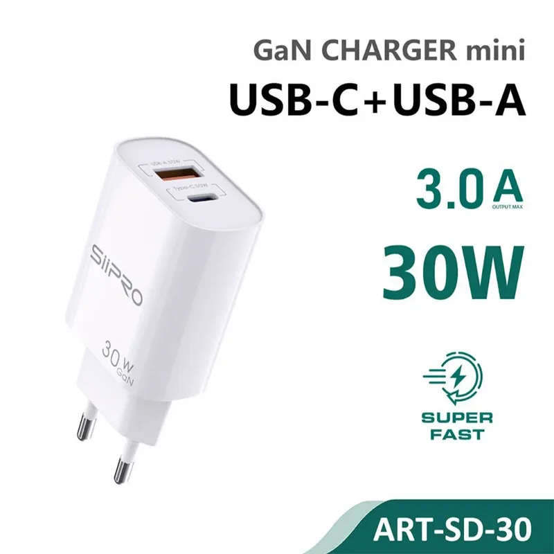 Siipro 30W 1x PD USB-C 1x QC3.0 USB GaN Fast Charger White (SD-30)