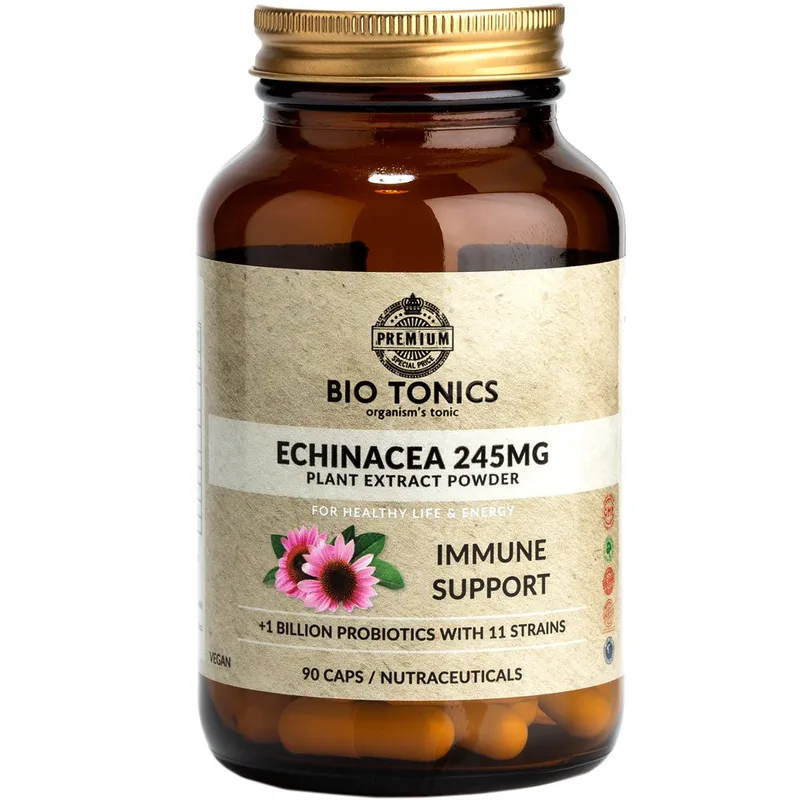 Bio Tonics Echinacea Plant Extract 245mg Συμπλήρωμα Διατροφής Εκχυλίσματος του Βοτάνου Εχινάκεια & Μείγματος Προβιοτικών για Καλύτερη Απορρόφηση για την Ενίσχυση του Ανοσοποιητικού Συστήματος & Ταχύτερη Ανάρρωση 90caps