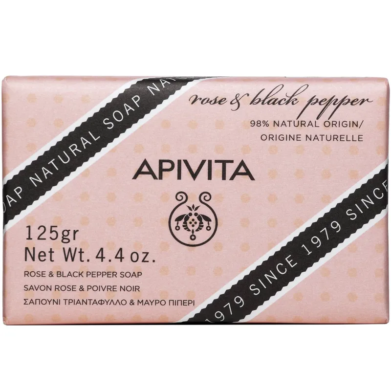 Apivita Natural Soap With Rose & Black Pepper Φυτικό Σαπούνι με Τριαντάφυλλο & Μαύρο Πιπέρι, Κατάλληλο για Όλους Τους Τύπους Επιδερμίδας 125g