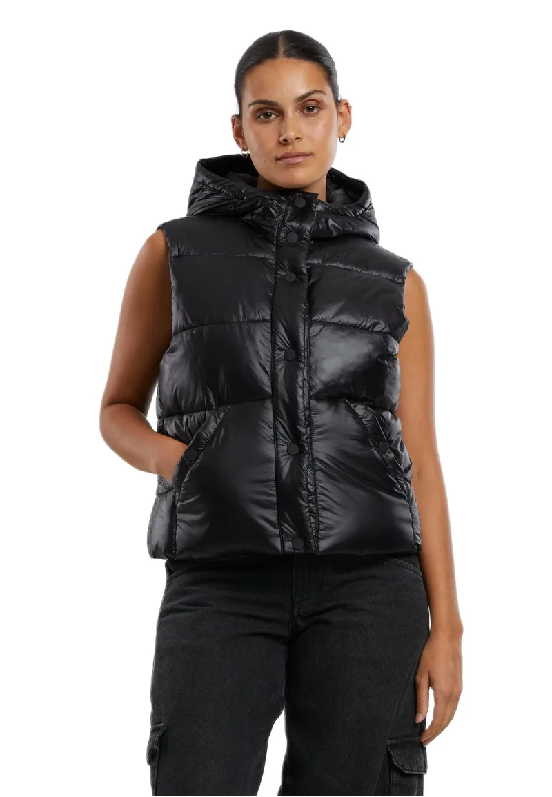 Ladies Recycled Shiny Puffer Vest with Hood Urban Classics TB7004-00007 Black