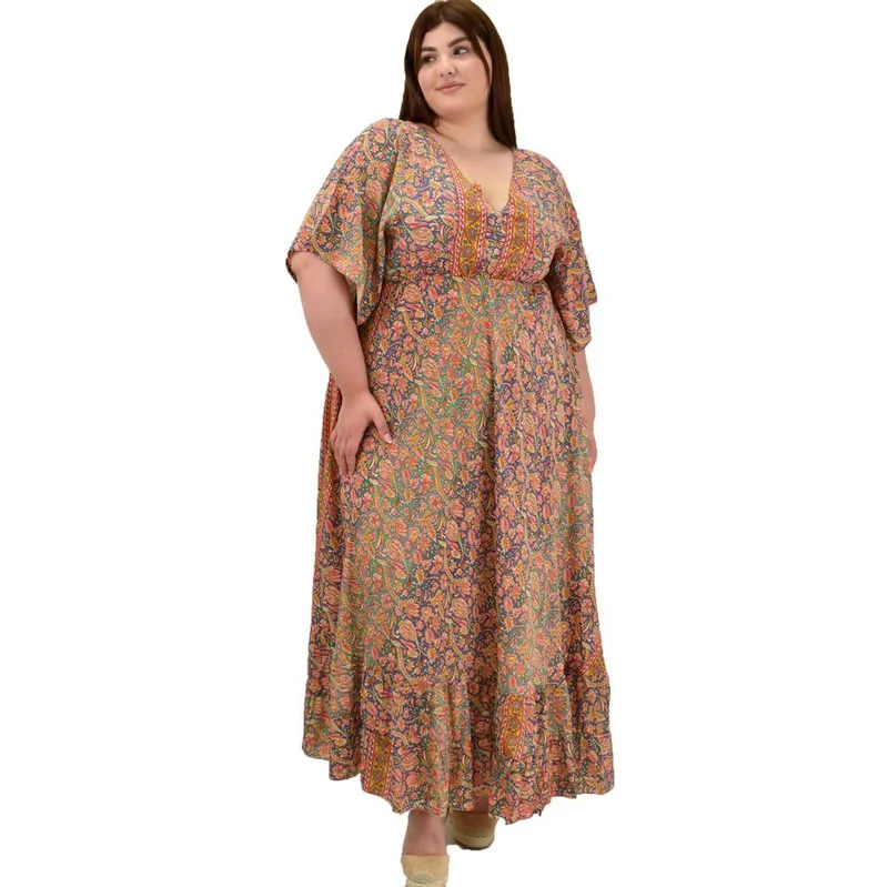 Γυναικείο μεταξωτό boho φόρεμα oversized Πορτοκαλί 20087