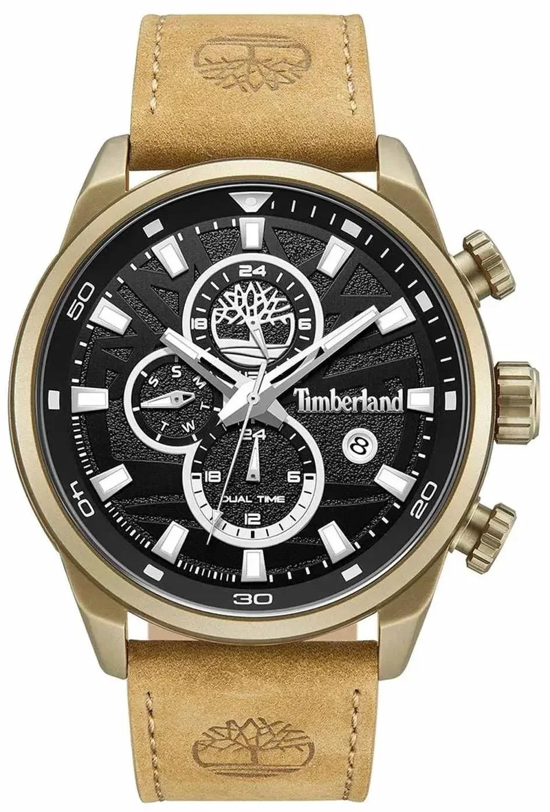 TIMBERLAND Henniker II Dual Time - TDWGF0056302, Χρυσό case with Brown Leather Strap