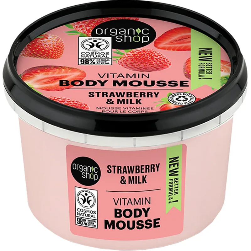 Organic Shop Strawberry & Milk Vitamin Body Mousse Τονωτική Μους Σώματος με Εκχύλισμα Φράουλας, Βιταμίνες & Πρωτεΐνη Γάλακτος για Βελούδινη Απαλότητα 250ml