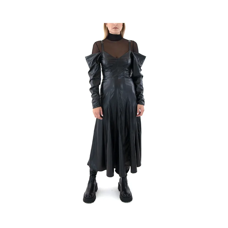 Φορέματα Black N Black FAUX LEATHER OPEN SHOULDER LONG DRESS WOMEN BLACK BLACK
