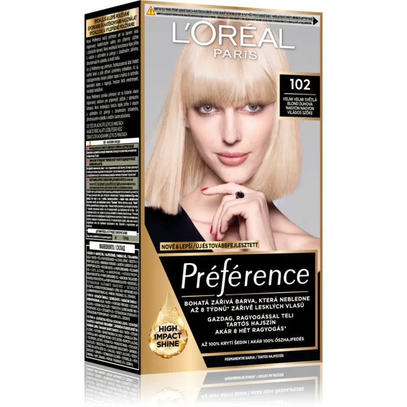L’Oréal Paris Préférence βαφή μαλλιών απόχρωση 102 Extremely Light Iridescent Blond 1 τμχ