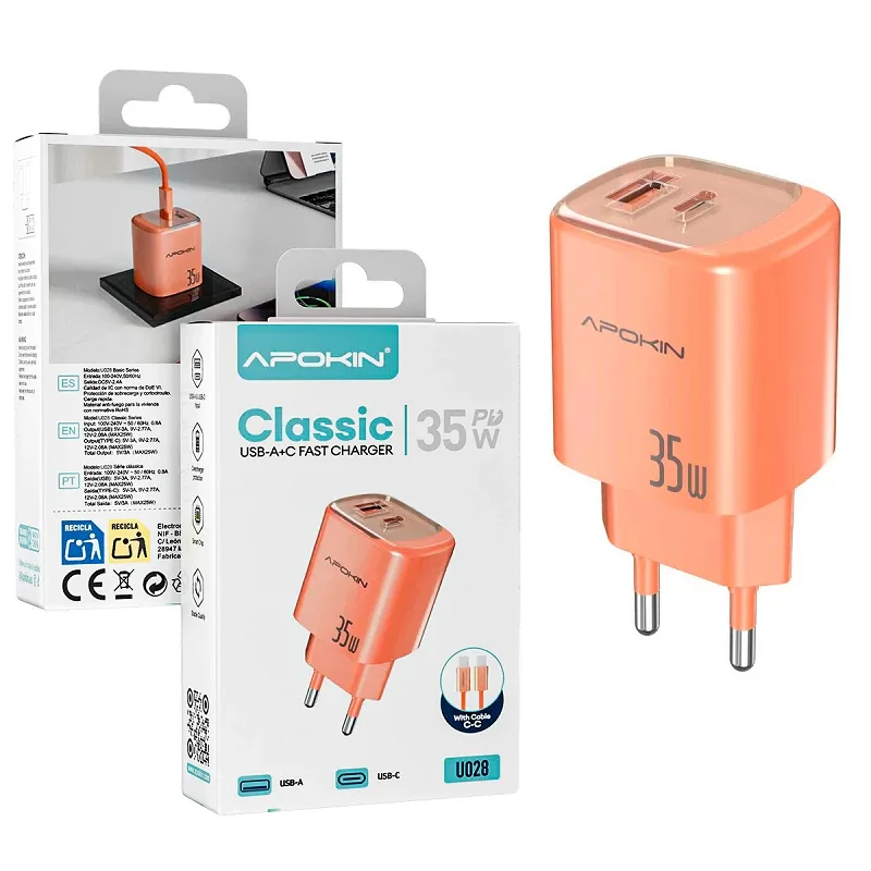 Apokin 35W PD USB-C, USB Fast Charger with Cable Πορτοκαλί (U028)