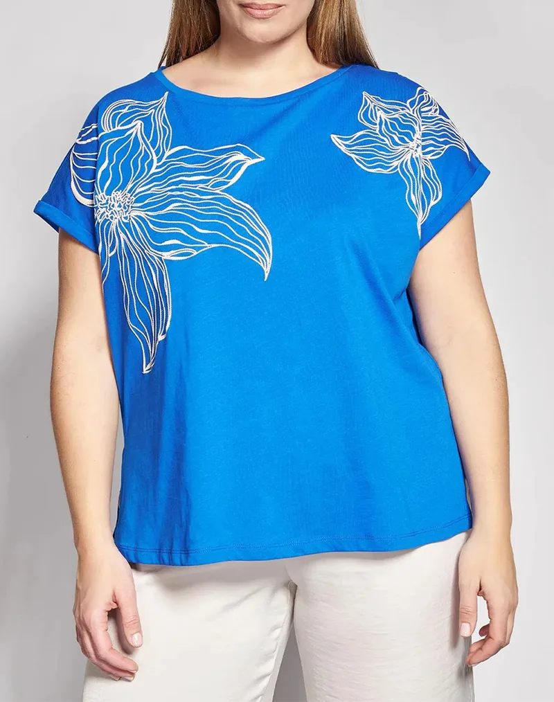 PARABITA Βαμβακερό T-shirt με Statement Φλοράλ Τύπωμα 012610100569-Ρουά RoyalBlue
