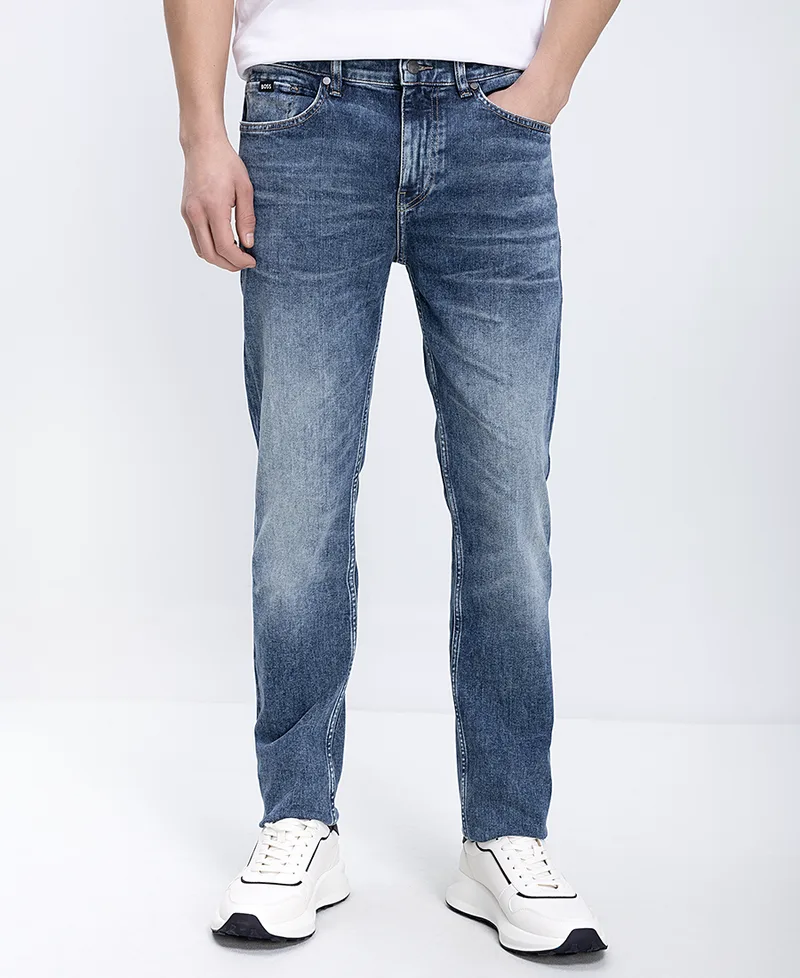 Boss Ανδρικό Παντελόνι Jean Με Washed Denim Όψη Straight Fit
