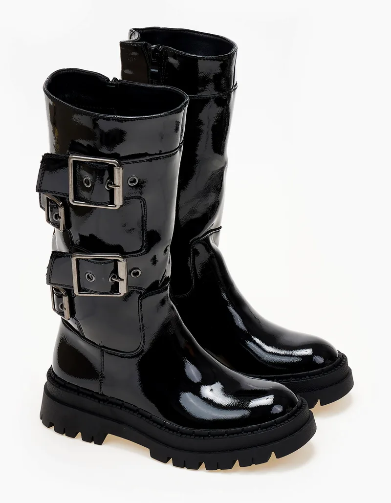 Biker boots λουστρίνι με αγκράφες - Μαύρο