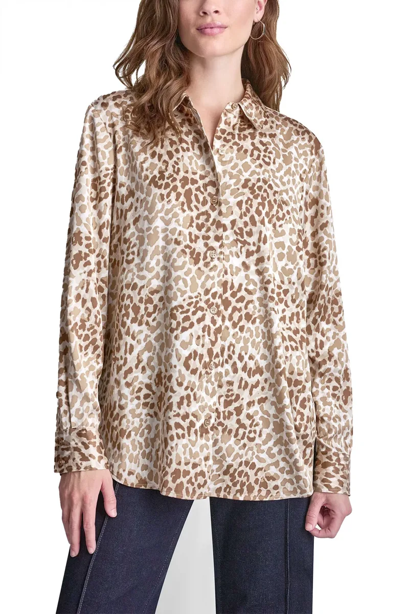 DKNY ΠΟΥΚΑΜΙΣΟ LEOPARD PRINT ΜΕ ΟΨΗ ΣΑΤΕΝ ΜΠΕΖ-ΚΑΦΕ