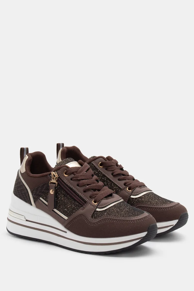 Sneakers Δίσολα με Strass & Φερμουάρ - Καφέ Σκούρο