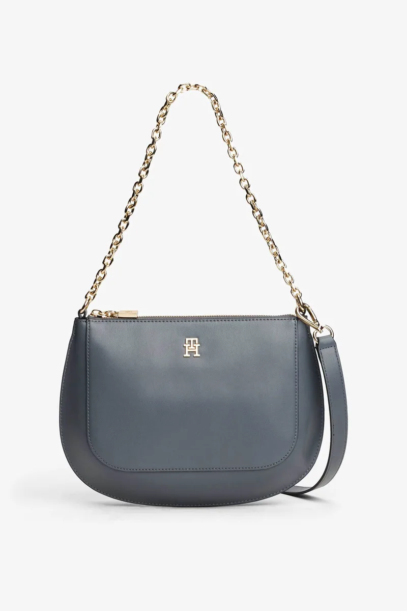 Tommy Hilfiger γυναικείο τσαντάκι ώμου/crossbody με αλυσίδα και μεταλλικό μονόγραμμα "ΤΗ Glam" - AW0AW18143 Γκρι