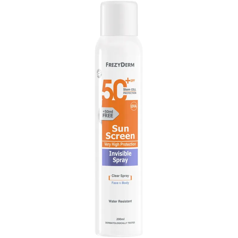 Frezyderm Sun Screen Invisible Spray Spf50+ Διάφανο Αντηλιακό Προσώπου Σώματος Πολύ Υψηλής Προστασίας Ανθεκτικό στο Νερό 200ml