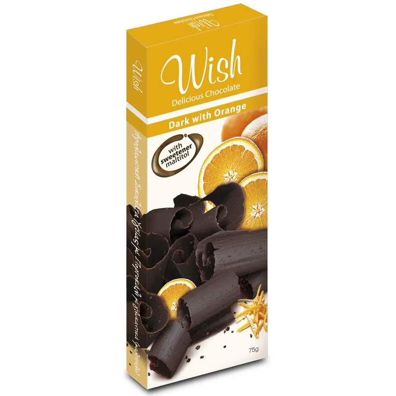 Wish Delicious Dark Chocolate with Πορτοκαλί Αυθεντική Σοκολάτα Υγείας Πορτοκάλι Χωρίς Προσθήκη Ζάχαρης 75g
