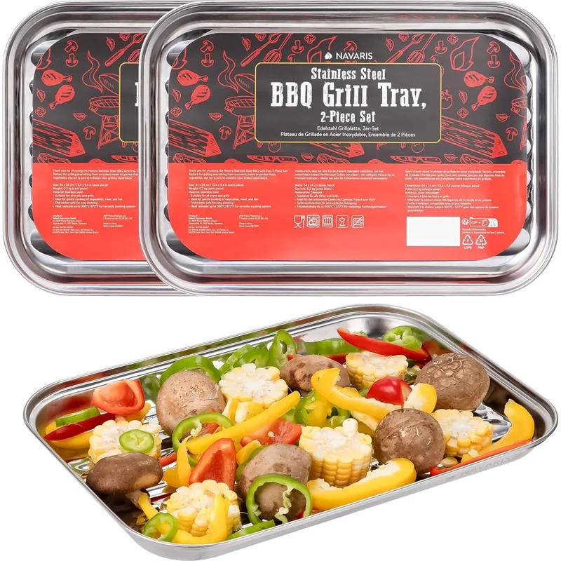 Δίσκος Ψησίματος BBQ Navaris Ταψί από Ανοξείδωτο Ατσάλι για Μπάρμπεκιου και Φούρνο 34 x 24cm 2 Τεμάχια - Silver (NAV000038EP001C)