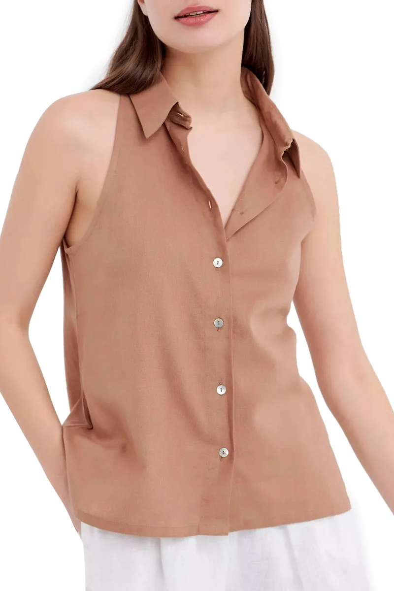 Πουκάμισο Κοντομάνικο Funky Buddha Λινό FBL005-104-05-BROWNIE Γυναικείο