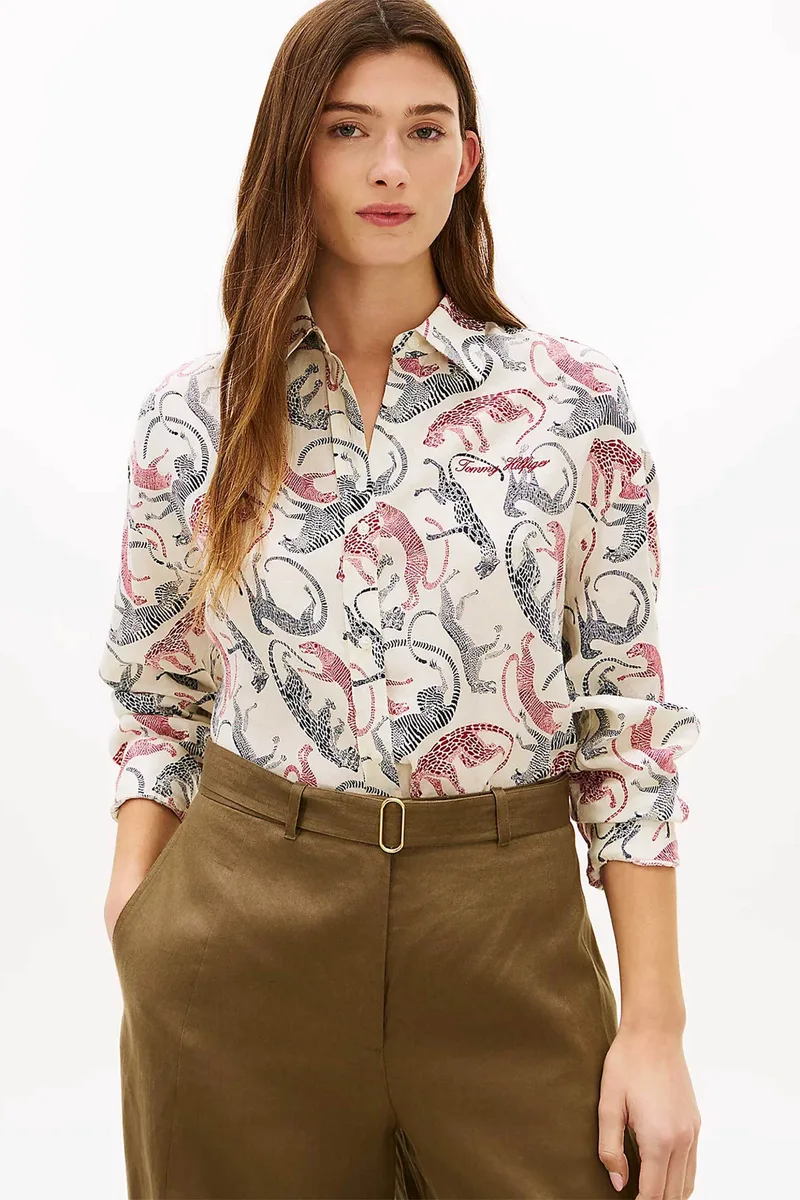 Tommy Hilfiger γυναικείο πουκάμισο λινό με print - WW0WW50556 Εκρού