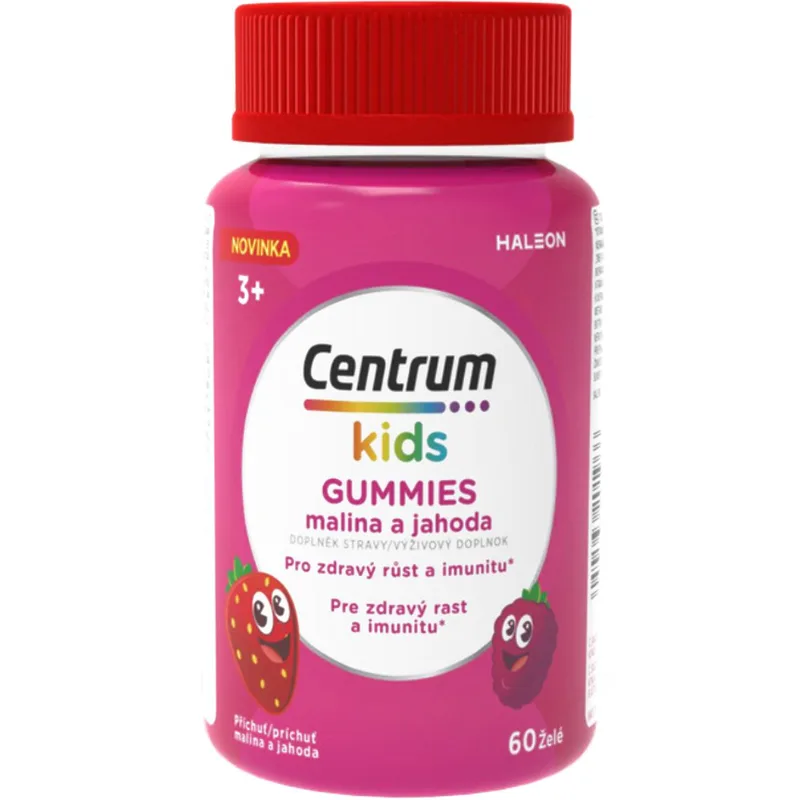 Centrum Kids Gummies 3+ Years Συμπλήρωμα Διατροφής για Παιδιά με 8 Βιταμίνες, Μέταλλα & Ιχνοστοιχεία για Ενδυνάμωση του Ανοσοποιητικού - Μυοσκελετικού Συστήματος & της Γνωσιακής Λειτουργίας με Γεύση Φράουλα - Βατόμουρο 60 Softgels - Malina a Jahoda