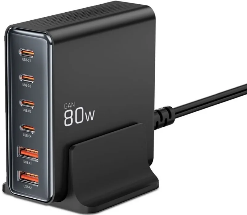 Φορτιστής Tech-Protect DC80W GaN Επιτραπέζιος με Βάση / Καλώδιο Τροφοδοσίας 150cm & 2 x USB-A / 4 x Type-C 80W - Black (5906302375448)