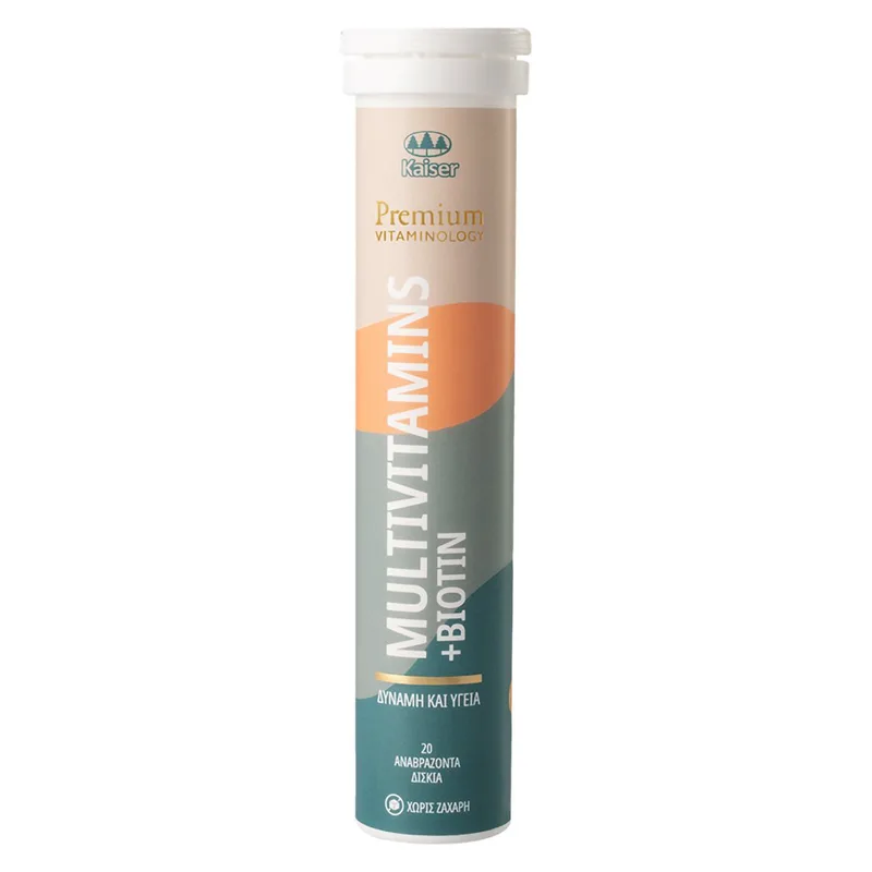 Kaiser Premium Vitaminology Multivitamins & Biotin Πορτοκαλί Συμπλήρωμα Διατροφής Πολυβιταμινών για Ενέργεια, Τόνωση & Γερό Ανοσοποιητικό με Γεύση Πορτοκάλι 20 Effer.tabs