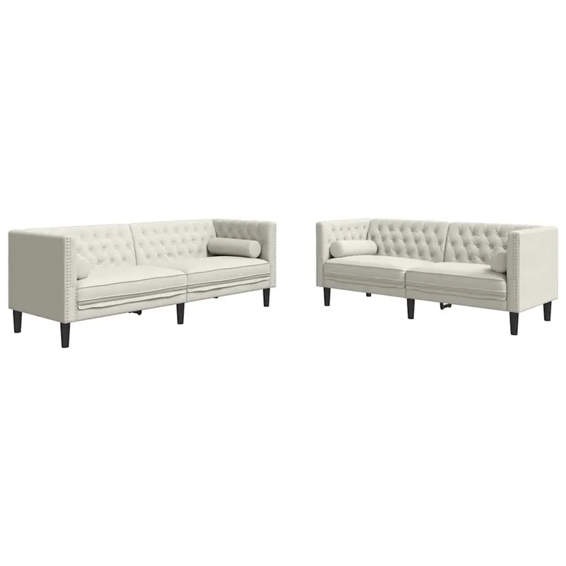 vidaXL Σετ Καναπέδων Chesterfield 2 Τεμαχίων με Βάσεις, Κρεμ Βελούδινο