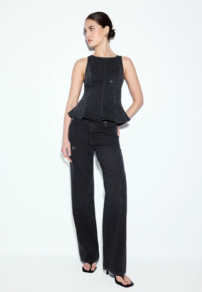 Stradivarius Τοπ Denim Peplum Με Λάμψεις Μαύρο Xs